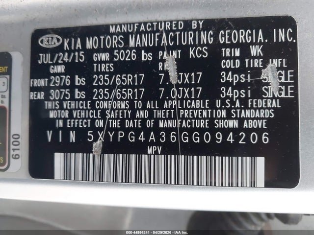44996241 :رقم المزاد ، 5XYPG4A36GG094206 vin ، 2016 Kia Sorento 2.4l Lx مزاد بيع