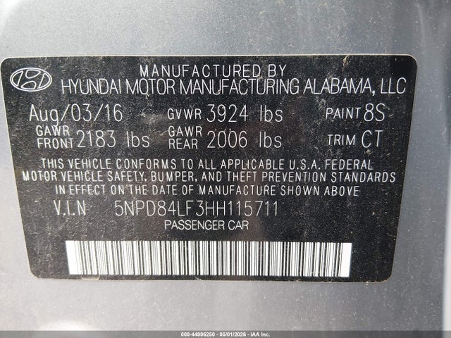 Aukcja sprzedaży 2017 Hyundai Elantra Limited, vin: 5NPD84LF3HH115711, numer aukcji: 44996250