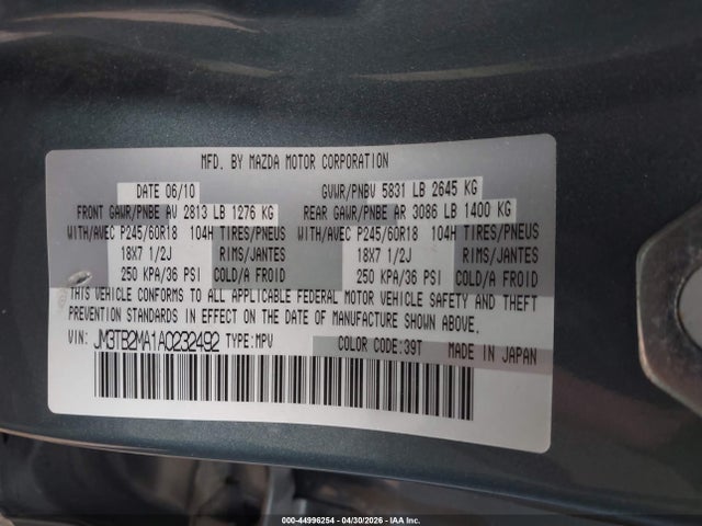 44996254 :رقم المزاد ، JM3TB2MA1A0232492 vin ، 2010 Mazda Cx-9 Touring مزاد بيع
