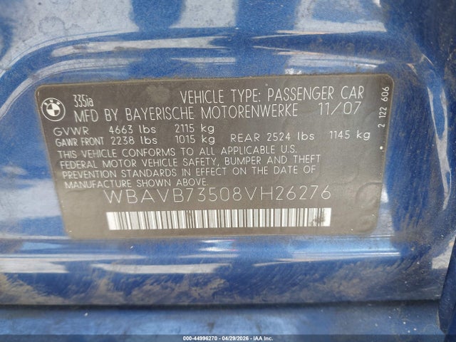 Продаж на аукціоні авто 2008 Bmw 335i, vin: WBAVB73508VH26276, номер лоту: 44996270