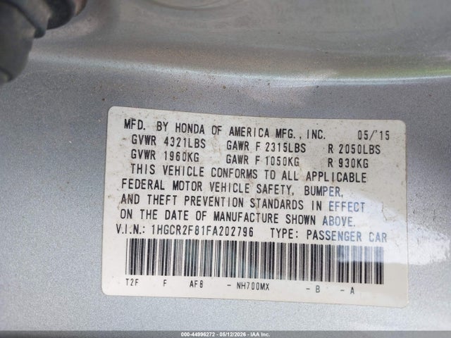 Продаж на аукціоні авто 2015 Honda Accord Ex-l, vin: 1HGCR2F81FA202796, номер лоту: 44996272