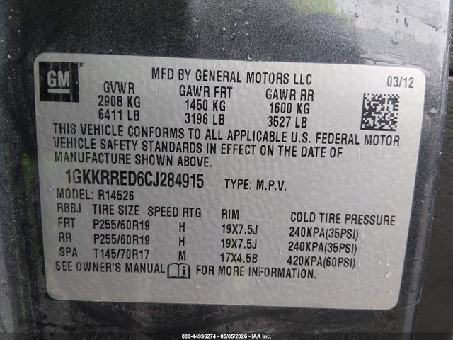 Aukcja sprzedaży 2012 Gmc Acadia Slt-1, vin: 1GKKRRED6CJ284915, numer aukcji: 44996274