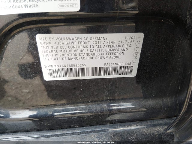 44996281 :رقم المزاد ، WVWMN7AN4AE530255 vin ، 2010 Volkswagen Cc Sport مزاد بيع