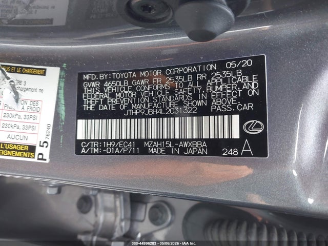 Aukcja sprzedaży 2020 Lexus Ux 250h, vin: JTHP9JBH4L2031322, numer aukcji: 44996283