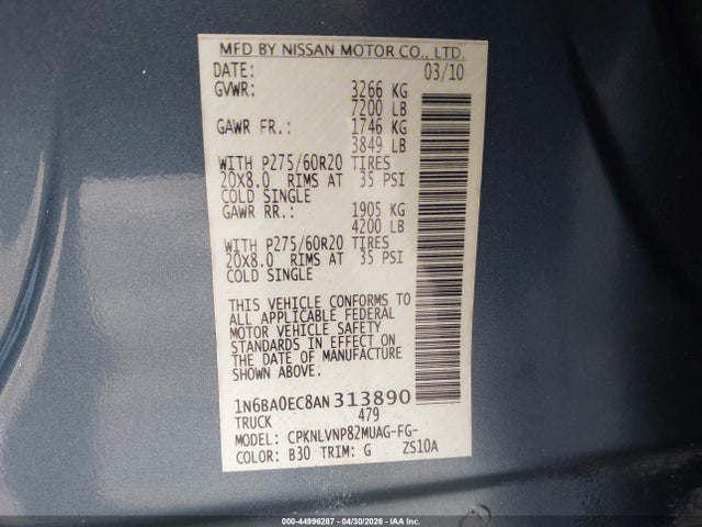 Aukcja sprzedaży 2010 Nissan Titan Le, vin: 1N6BA0EC8AN313890, numer aukcji: 44996287