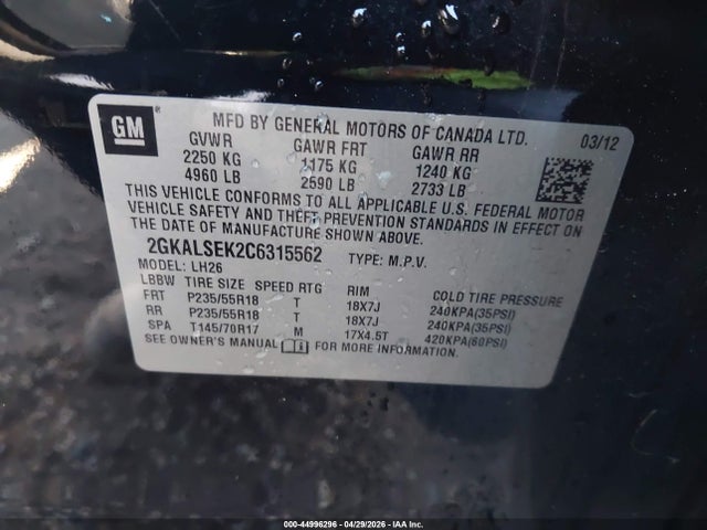 2012 Gmc Terrain Sle-2 მანქანა იყიდება აუქციონზე, vin: 2GKALSEK2C6315562, აუქციონის ნომერი: 44996296