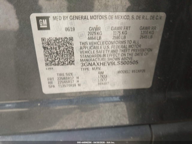 44996298 :رقم المزاد ، 3GNAXHEV9LS500505 vin ، 2020 Chevrolet Equinox Fwd Ls مزاد بيع