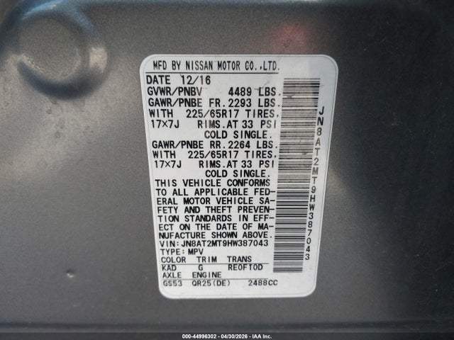 Продажа на аукционе авто 2017 Nissan Rogue S, vin: JN8AT2MT9HW387043, номер лота: 44996302
