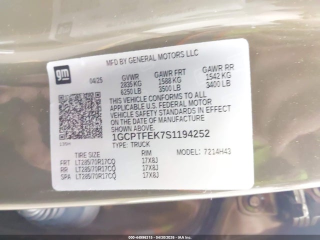 Aukcja sprzedaży 2025 Chevrolet Colorado 4wd Zr2, vin: 1GCPTFEK7S1194252, numer aukcji: 44996315