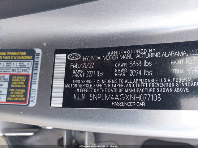 44996335 :رقم المزاد ، 5NPLM4AGXNH077103 vin ، 2022 Hyundai Elantra Sel مزاد بيع