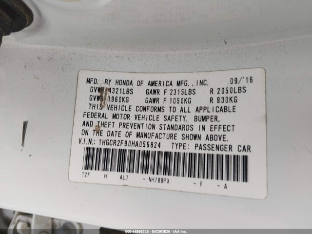 Aukcja sprzedaży 2017 Honda Accord Ex-l, vin: 1HGCR2F90HA056824, numer aukcji: 44996336