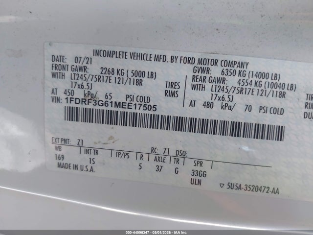 44996347 :رقم المزاد ، 1FDRF3G61MEE17505 vin ، 2021 Ford F-350 Chassis Xl مزاد بيع