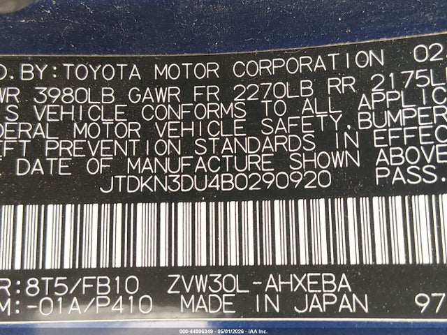 44996349 :رقم المزاد ، JTDKN3DU4B0290920 vin ، 2011 Toyota Prius Two مزاد بيع