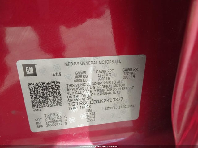44996351 :رقم المزاد ، 1GTR8CED1KZ413377 vin ، 2019 Gmc Sierra 1500 Elevation مزاد بيع