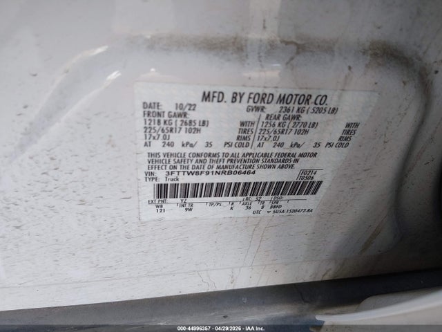 44996357 :رقم المزاد ، 3FTTW8F91NRB06464 vin ، 2022 Ford Maverick Xl مزاد بيع
