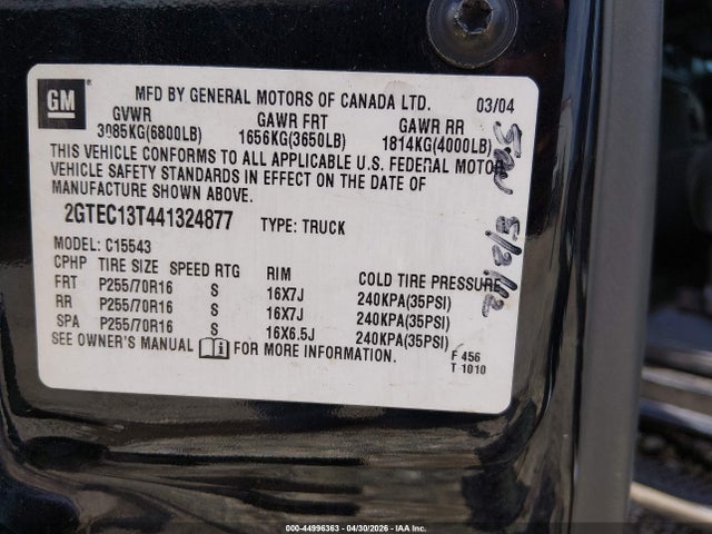2004 Gmc Sierra 1500 Sle მანქანა იყიდება აუქციონზე, vin: 2GTEC13T441324877, აუქციონის ნომერი: 44996363