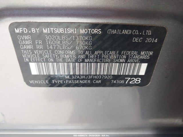 Aukcja sprzedaży 2015 Mitsubishi Mirage De/rf, vin: ML32A3HJ3FH037920, numer aukcji: 44996374