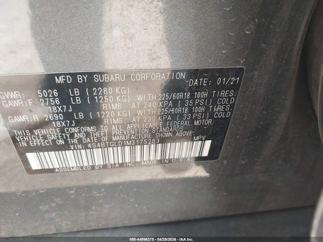 44996375 :رقم المزاد ، 4S4BTGLD1M3175283 vin ، 2021 Subaru Outback Onyx Edition Xt مزاد بيع