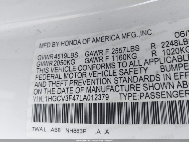 1HGCV3F47LA012379 Honda Accord Hybrid Ex