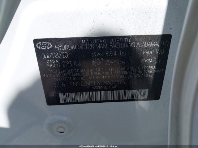 2020 Hyundai Elantra Se მანქანა იყიდება აუქციონზე, vin: 5NPD74LF8LH604875, აუქციონის ნომერი: 44996406