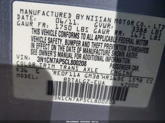 Продаж на аукціоні авто 2012 Nissan Versa 1.6 Sl, vin: 3N1CN7AP5CL800208, номер лоту: 44996408