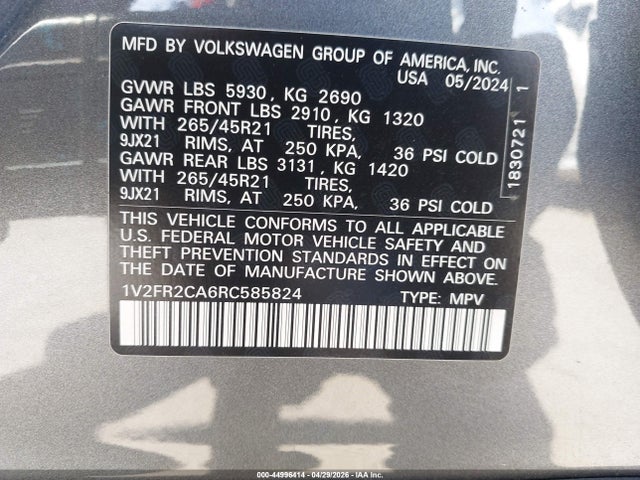 2024 Volkswagen Atlas 2.0t Sel Premium R-line მანქანა იყიდება აუქციონზე, vin: 1V2FR2CA6RC585824, აუქციონის ნომერი: 44996414