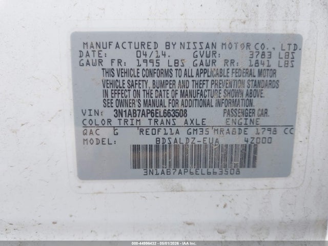 Продажа на аукционе авто 2014 Nissan Sentra Sv, vin: 3N1AB7AP6EL663508, номер лота: 44996432
