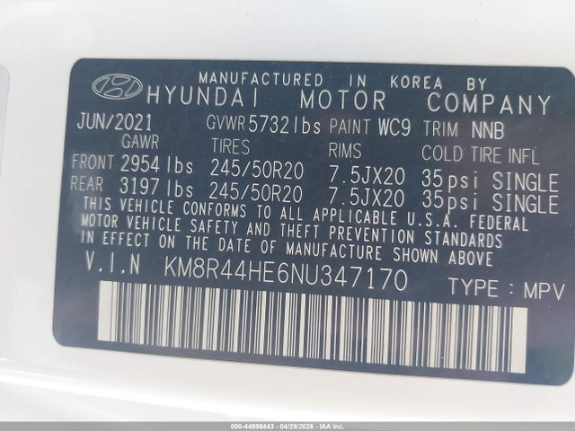44996443 :رقم المزاد ، KM8R44HE6NU347170 vin ، 2022 Hyundai Palisade Sel مزاد بيع