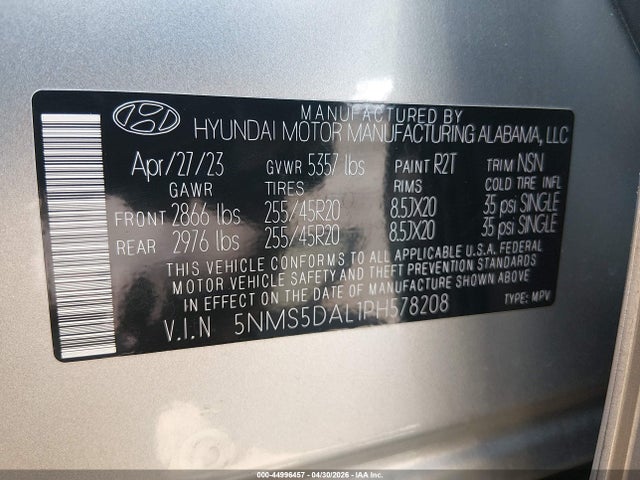 Aukcja sprzedaży 2023 Hyundai Santa Fe Calligraphy, vin: 5NMS5DAL1PH578208, numer aukcji: 44996457