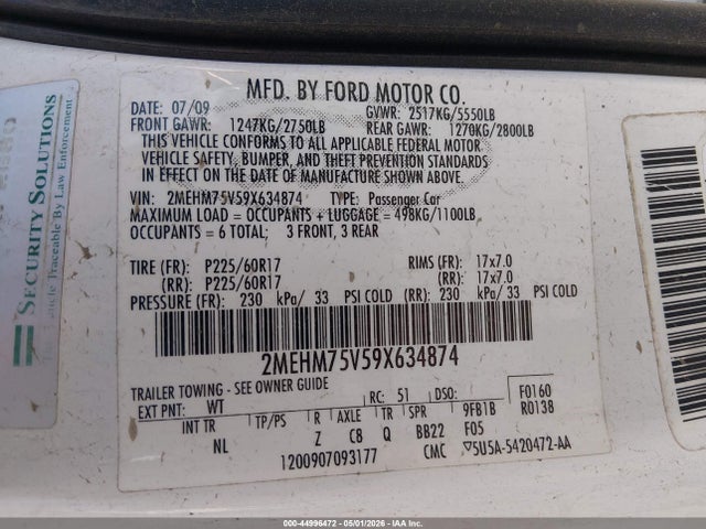 Продаж на аукціоні авто 2009 Mercury Grand Marquis Ls (fleet Only), vin: 2MEHM75V59X634874, номер лоту: 44996472