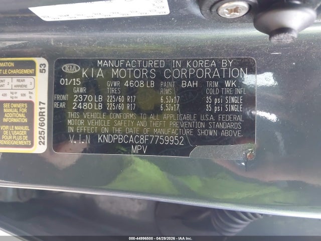 Aukcja sprzedaży 2015 Kia Sportage Lx, vin: KNDPBCAC8F7759952, numer aukcji: 44996500