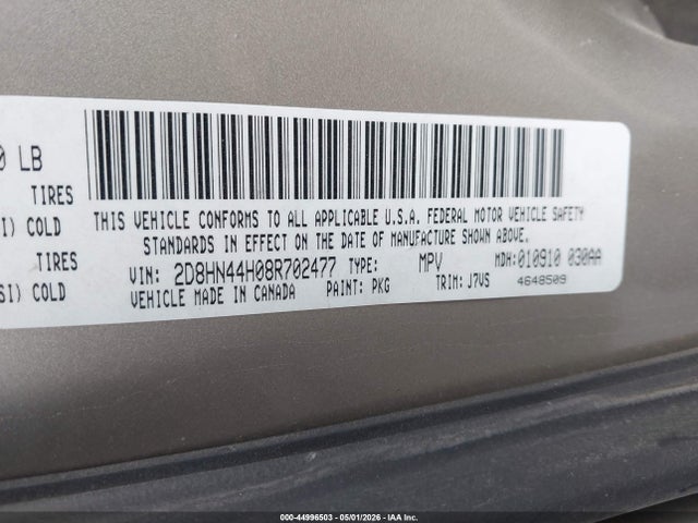 2008 Dodge Grand Caravan Se მანქანა იყიდება აუქციონზე, vin: 2D8HN44H08R702477, აუქციონის ნომერი: 44996503