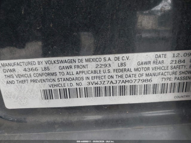 44996511 :رقم المزاد ، 3VWJZ7AJ7AM077986 vin ، 2010 Volkswagen Jetta S مزاد بيع