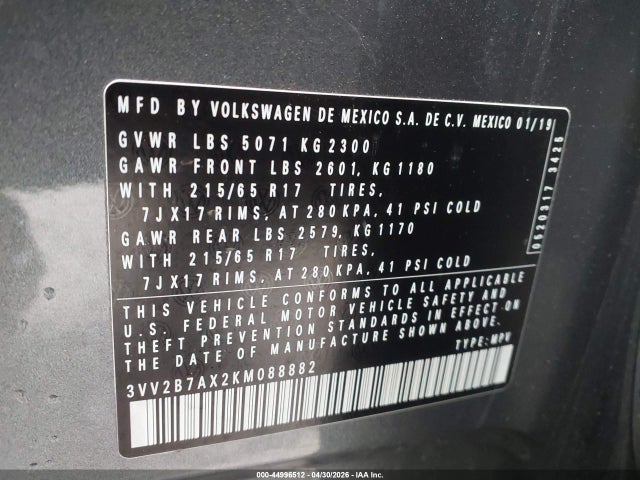 44996512 :رقم المزاد ، 3VV2B7AX2KM088882 vin ، 2019 Volkswagen Tiguan 2.0t Se/2.0t Sel/2.0t Sel R-line/2.0t Sel R-line Black مزاد بيع