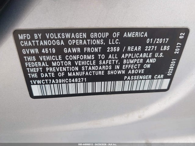 Продаж на аукціоні авто 2017 Volkswagen Passat 1.8t Sel Premium, vin: 1VWCT7A39HC048271, номер лоту: 44996513