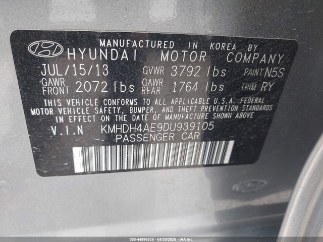 Продаж на аукціоні авто 2013 Hyundai Elantra Limited, vin: KMHDH4AE9DU939105, номер лоту: 44996528