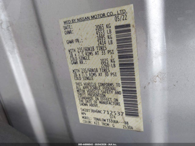 5N1BT3BA6NC712537 Nissan Rogue Sv Fwd