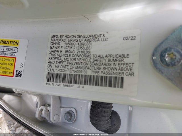 Aukcja sprzedaży 2022 Honda Accord Ex-l, vin: 1HGCV1F57NA025133, numer aukcji: 44996548