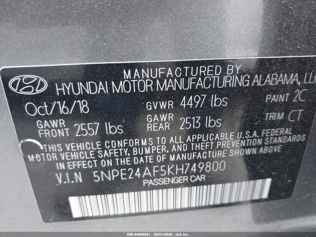 Aukcja sprzedaży 2019 Hyundai Sonata Se, vin: 5NPE24AF5KH749800, numer aukcji: 44996551