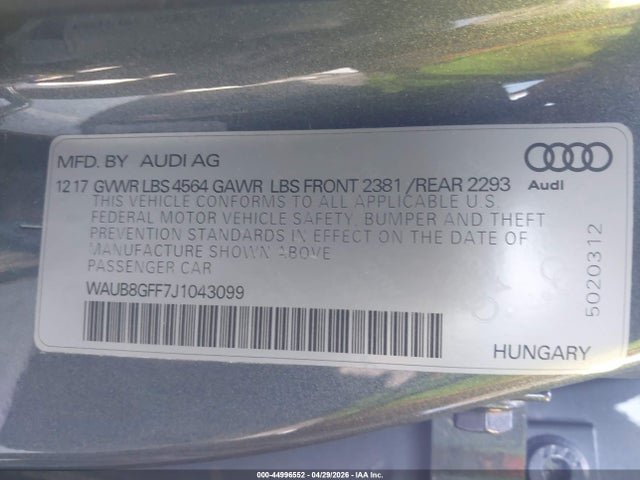 Aukcja sprzedaży 2018 Audi A3 2.0t Premium/2.0t Tech Premium, vin: WAUB8GFF7J1043099, numer aukcji: 44996552