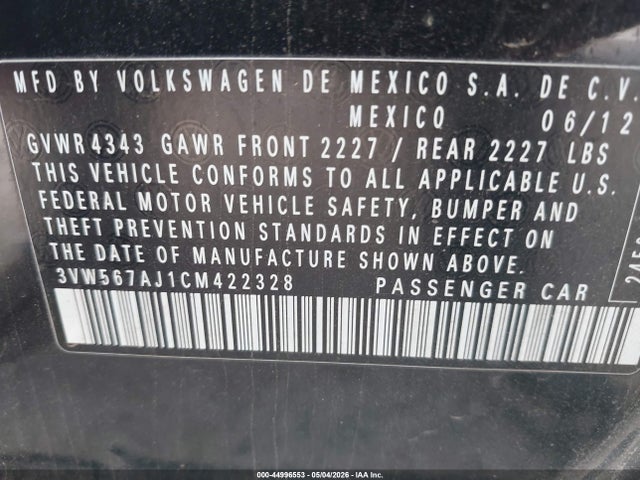 Продаж на аукціоні авто 2012 Volkswagen Jetta Gli, vin: 3VW567AJ1CM422328, номер лоту: 44996553
