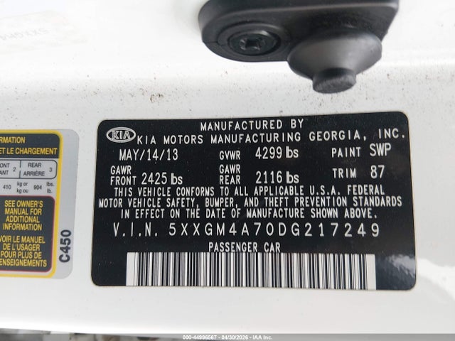 Продажа на аукционе авто 2013 Kia Optima Lx, vin: 5XXGM4A70DG217249, номер лота: 44996567