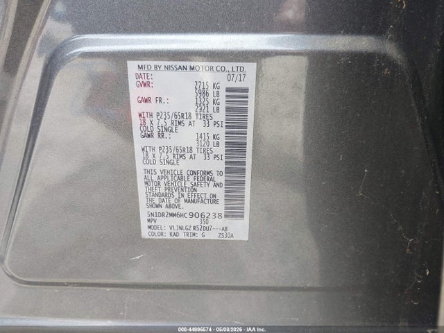 44996574 :رقم المزاد ، 5N1DR2MM6HC906238 vin ، 2017 Nissan Pathfinder Sl مزاد بيع