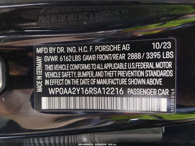 Aukcja sprzedaży 2024 Porsche Taycan, vin: WP0AA2Y16RSA12216, numer aukcji: 44996579