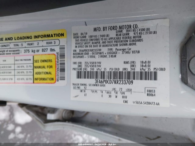 Ford FUSION SEL 2019 3FA6P0CD7KR233709 Image 9