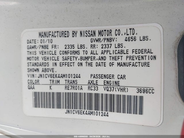 44996589 :رقم المزاد ، JN1CV6EK4AM101244 vin ، 2010 Infiniti G37 Journey مزاد بيع