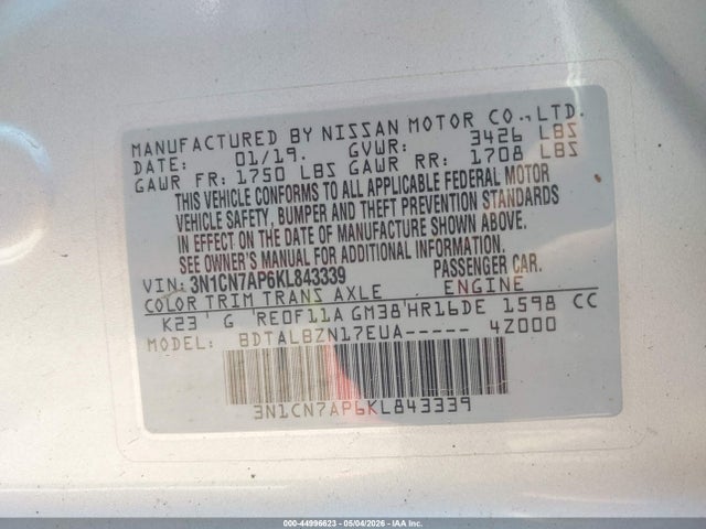 44996623 :رقم المزاد ، 3N1CN7AP6KL843339 vin ، 2019 Nissan Versa 1.6 Sv مزاد بيع