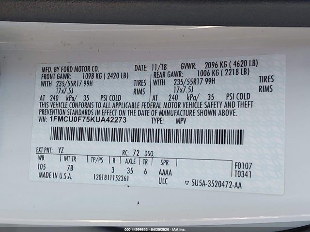 Ford ESCAPE S 2019 1FMCU0F75KUA42273 Image 9