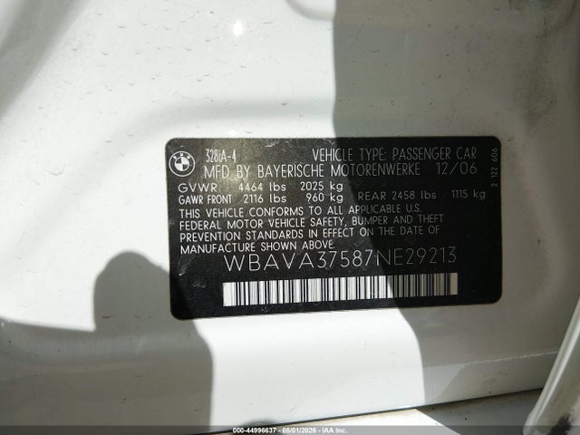 2007 Bmw 328i მანქანა იყიდება აუქციონზე, vin: WBAVA37587NE29213, აუქციონის ნომერი: 44996637