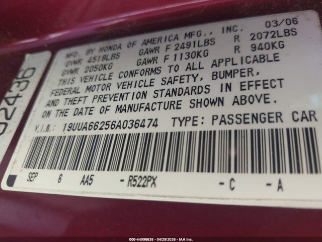44996638 :رقم المزاد ، 19UUA66256A036474 vin ، 2006 Acura Tl مزاد بيع